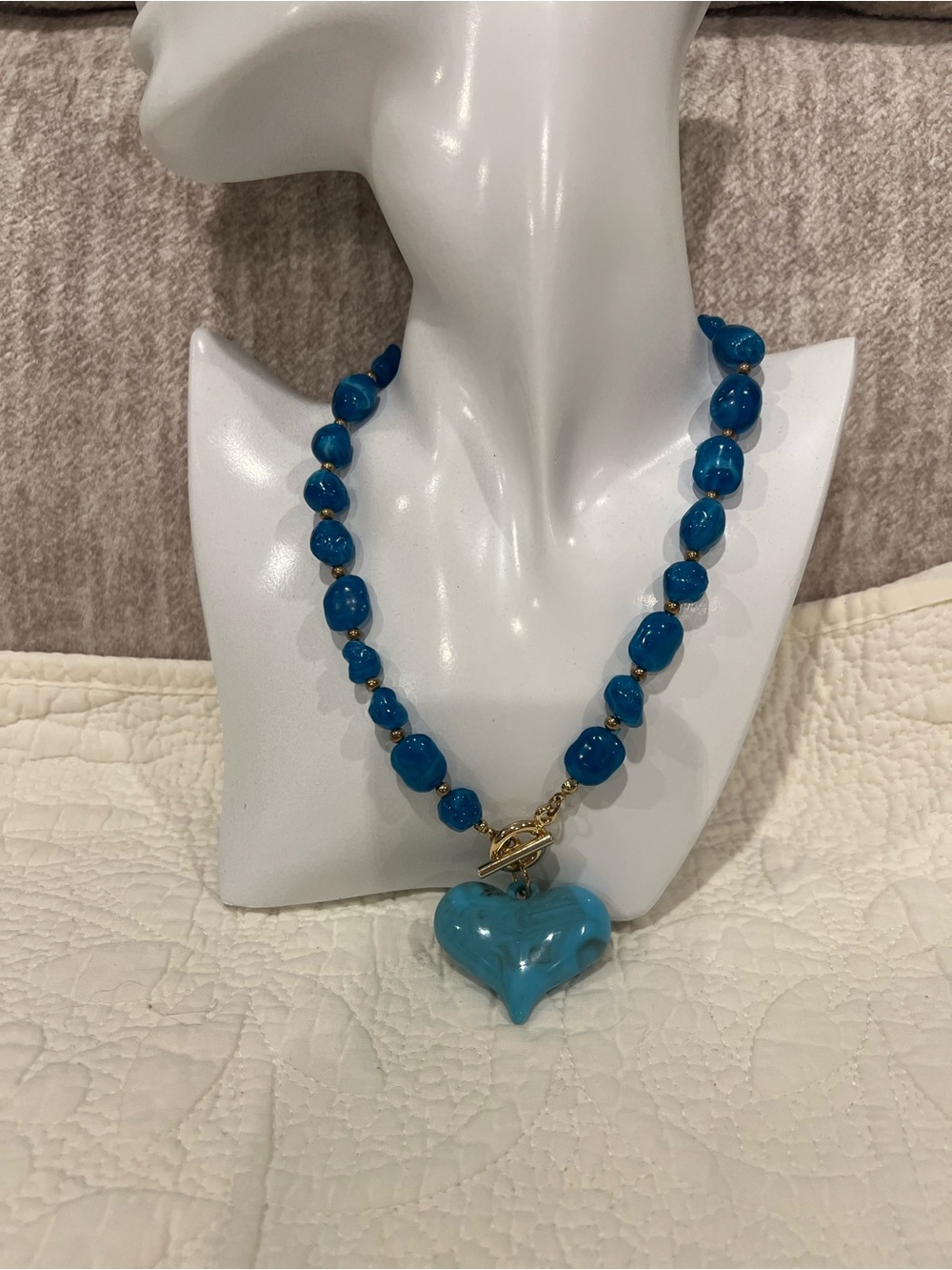 Blue Heart Pendant Beaded Necklace - Unbranded